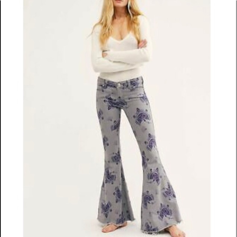 Free People Denim Super Flare Bell Printed Jeans